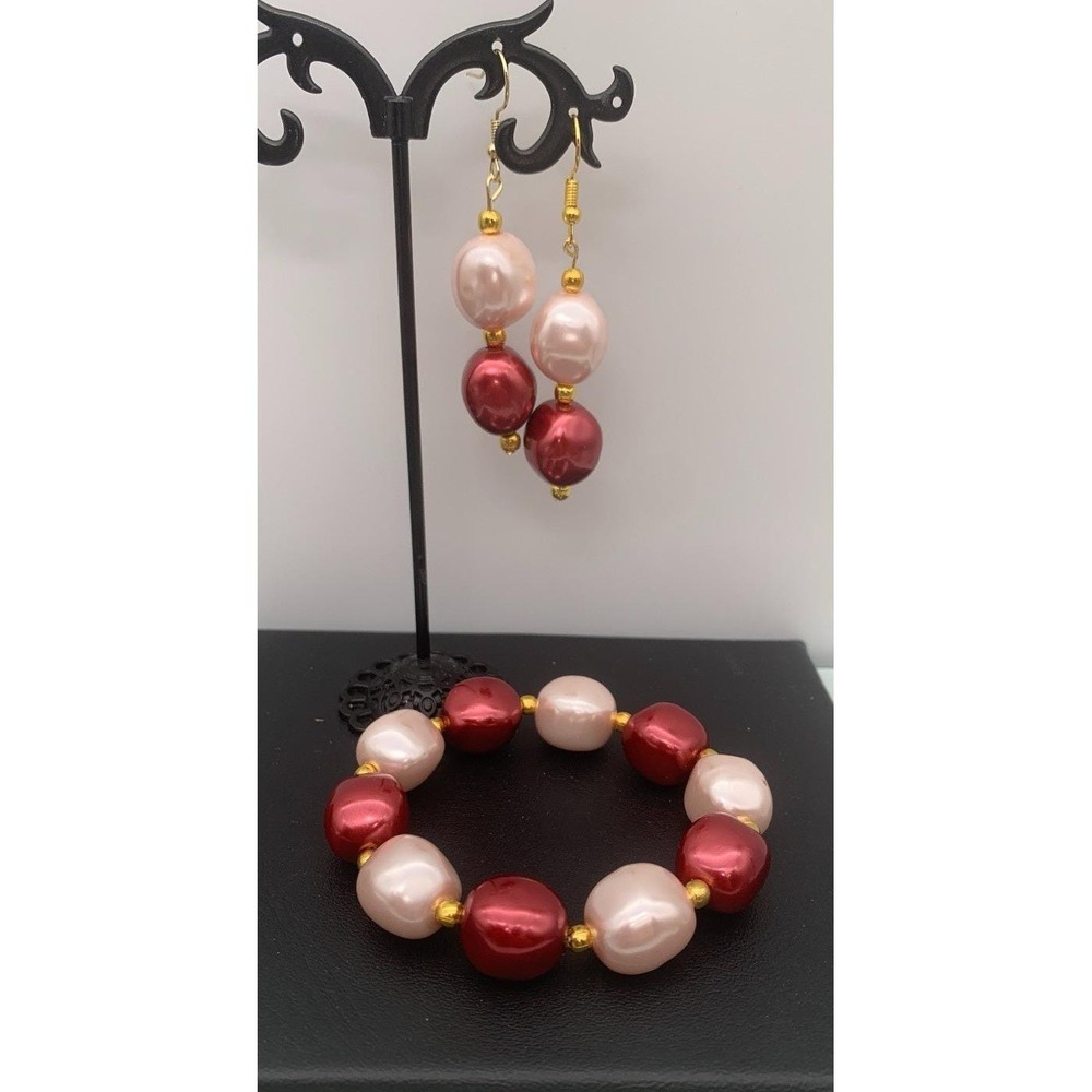 Light Pink And Burgundy Faux Baroque Pearl Earrings And‎ Stretch Bracelet